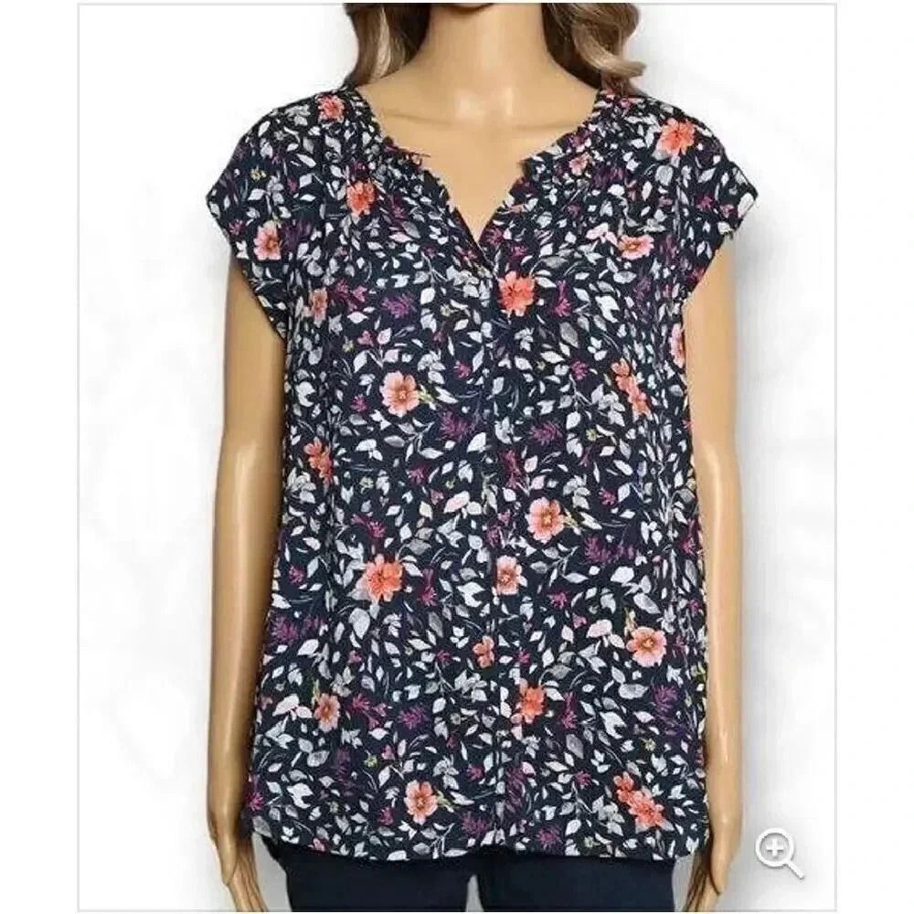 Anthropologie Danielrainn Floral Print Blouse Top Short Sleeve Chiffon L #2205